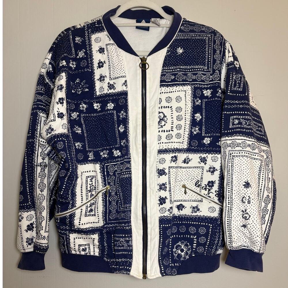 Le Coq Sportif Vintage Medium Quilted Navy Bandana Print Cotton Zip Front Jacket